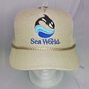 Nwt Sea World SHAMU Burlap Adjustable Snap Back Baseball Cap Hat Vintage 1980's
